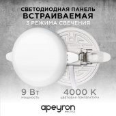 Панель светодиодная встр. 3 реж. свечения 9Вт(6Вт+3Вт) 230В 770лм 4000К d90х21мм круг Apeyron 06-101